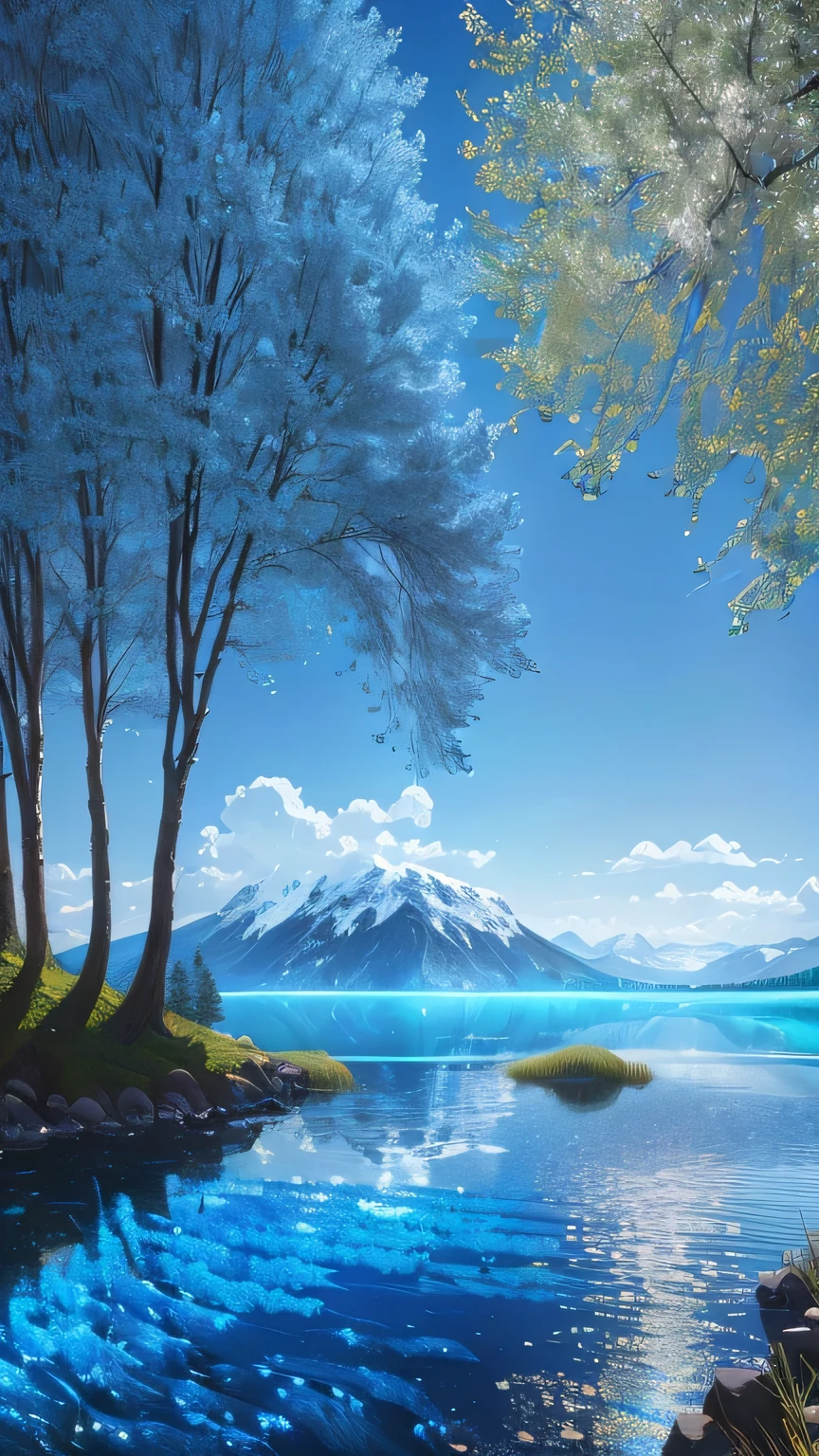 a beautiful lake，Painting with trees and mountains in the background, Beautiful art ultra hd 4k, Wallpaper Anime Blue Water, Anime beautiful peaceful scene, 4k highly detailed digital art, landscape artwork, blue water, very Beautiful digital art, Beautiful digital art, landscape art detailed, 4k hd wallpapers very detailed, Beautiful Numbers, Landscape Wallpapers, Anime landscape wallpaper