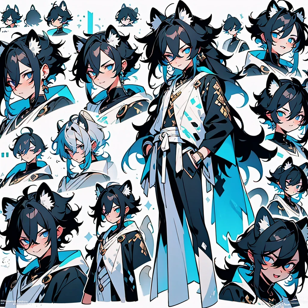 anime poses cheat sheet,young guy, Unique messy black hair with white highlights at the end of her hair,various hair styles,blue eyes,various styles of clothing,contrasting colors,simple background, various angles,several unique poses, various expressions,snow leopard ears and tail