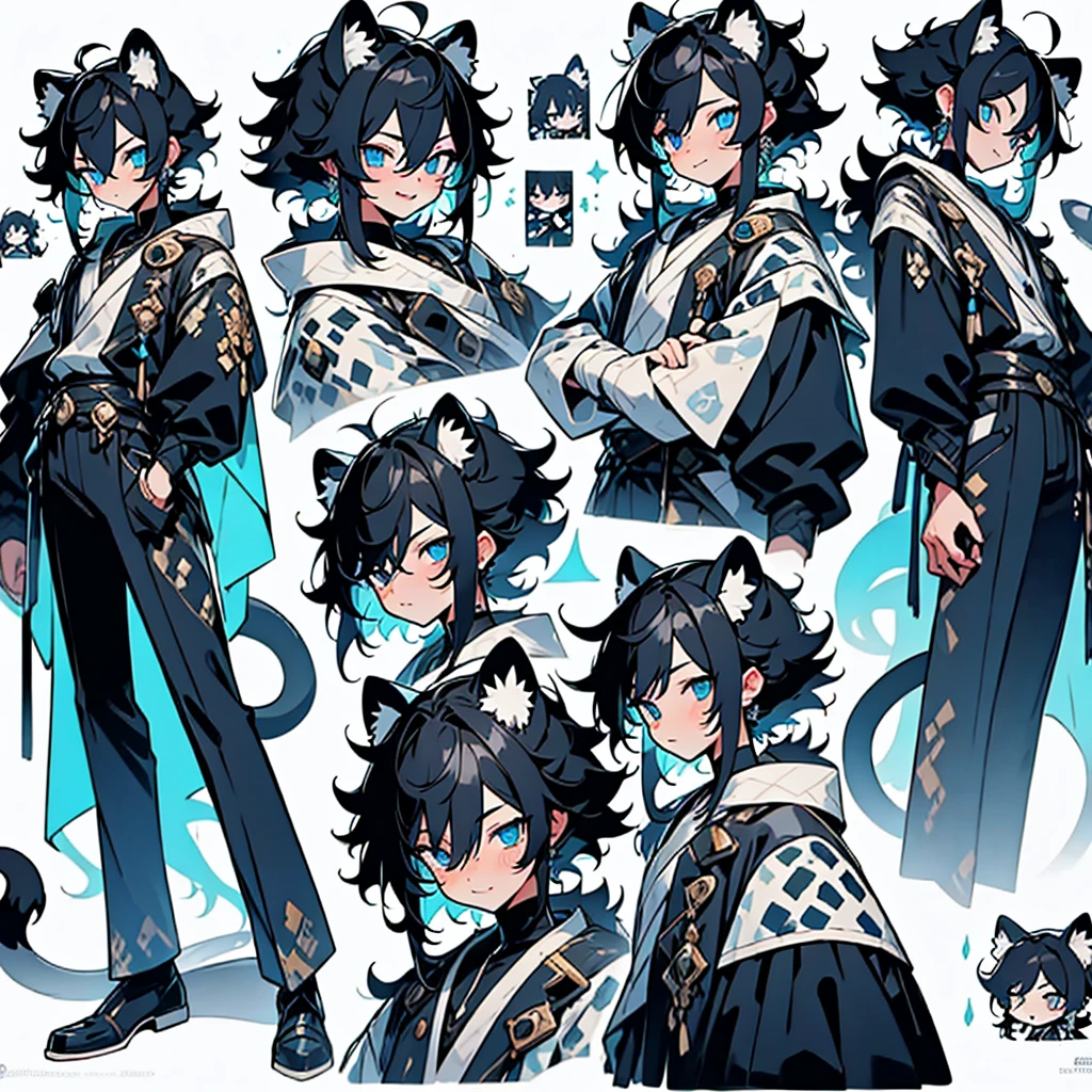 anime poses cheat sheet,young guy, Unique messy black hair with white highlights at the end of her hair,various hair styles,blue eyes,various styles of clothing,contrasting colors,simple background, various angles,several unique poses, various expressions,snow leopard ears and tail