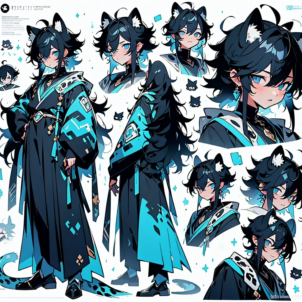 anime poses cheat sheet,young guy, Unique messy black hair with white highlights at the end of her hair,various hair styles,blue eyes,various styles of clothing,contrasting colors,simple background, various angles,several unique poses, various expressions,snow leopard ears and tail