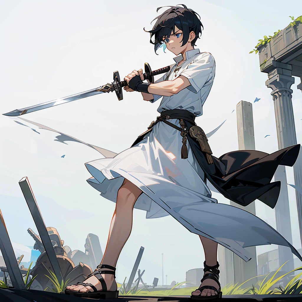 1boys, Full body version, blue eyes, undercut hair, black colour hair, very angry expression, white tunic Ancient Roman clothing, short sleeve shirt, gladiator skirt, gladiator armor, gladiator sandals, Spatha sword in hand, war gesture, Grassroots background