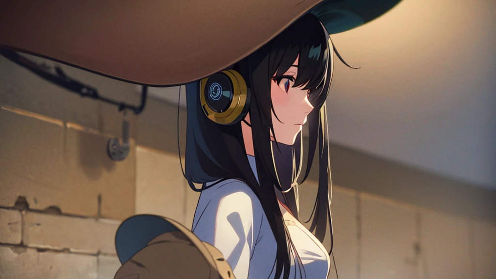 black haired woman with headphones and mushroom hat thoughtful