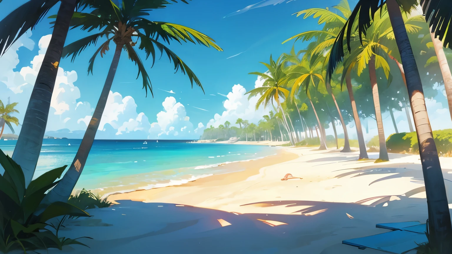 Create an image of a sunny beach scene in the summer. The setting should include golden sandy shores gently meeting the crystal-clear blue waters of the ocean. The sky above is bright and clear with only a few wispy white clouds. Tall, lush palm trees with swaying green fronds are scattered along the beach, providing a tropical vibe. The overall atmosphere of the image should be warm, relaxing, and inviting, capturing the essence of a perfect summer day by the sea