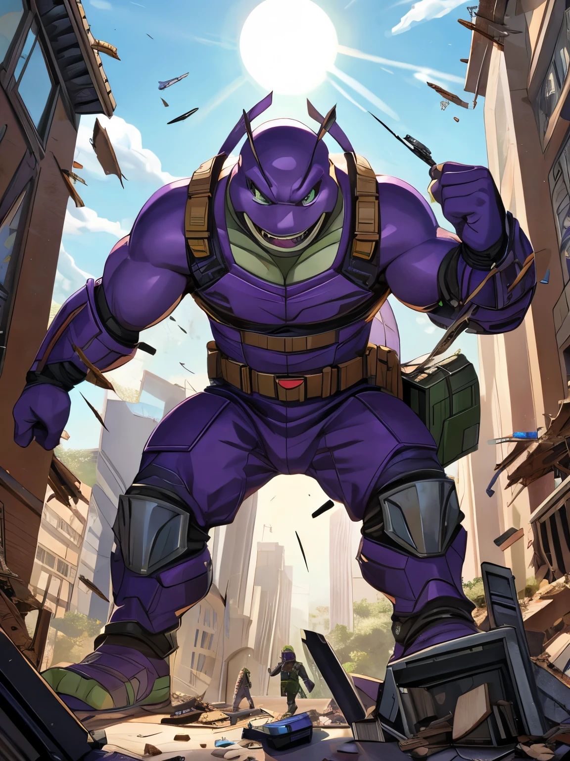 Donatello, TMNT, full cyber equipment, full suited, macro, destruction, evil laughing, low view