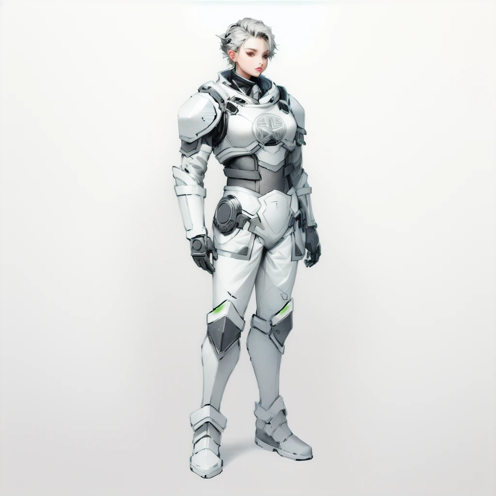 Enhance render style, female full grey uniform, grey outfit, grey color scheme, monochrome, white background,