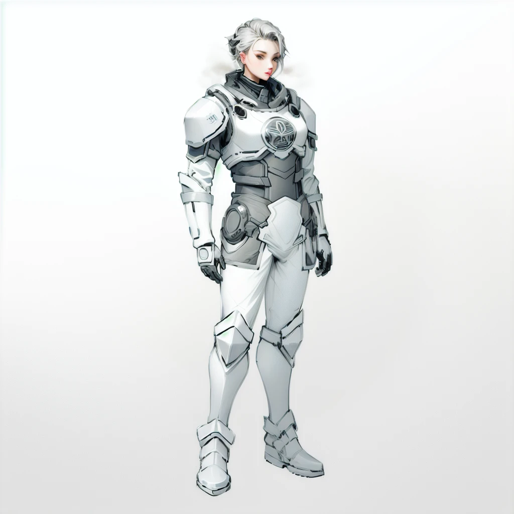 Enhance render style, female full grey uniform, grey outfit, grey color scheme, monochrome, white background,