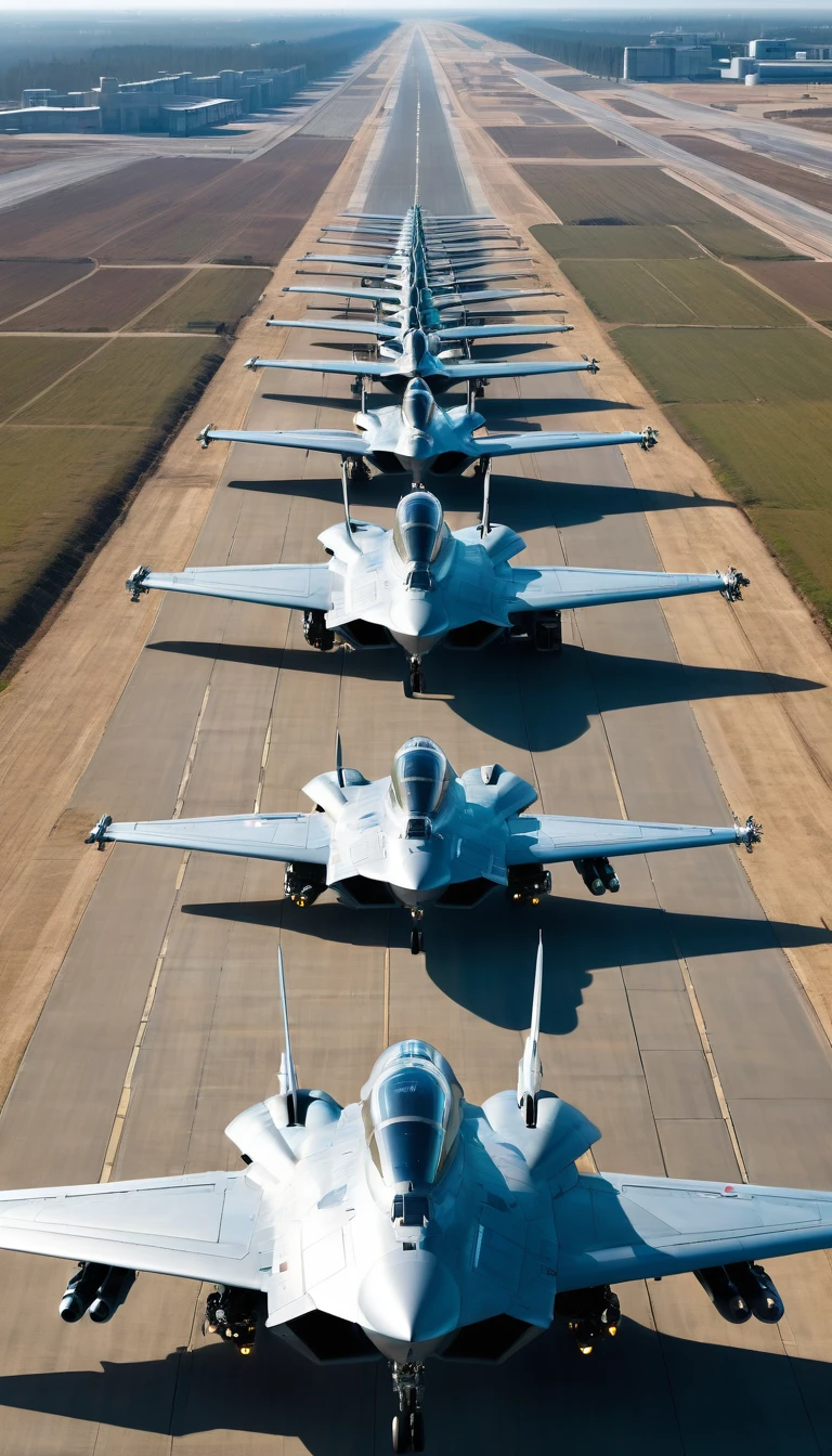"An impressive formation of modern battle tanks, with shiny surfaces and high-tech camouflage, lined up in a vast training field. Each tank showcases robust, advanced designs, with imposing cannons and rotating towers, ready for battle. Above them, a squadron of new warplanes flies in precise formation, their fuselages shining in the sun. The planes have an aerodynamic design and are equipped with cutting-edge weapons and technology.. Ao fundo, a modern military base with hangars and technological buildings completes the scene. The atmosphere is one of power and preparation, capturing the strength and modernity of these war machines."