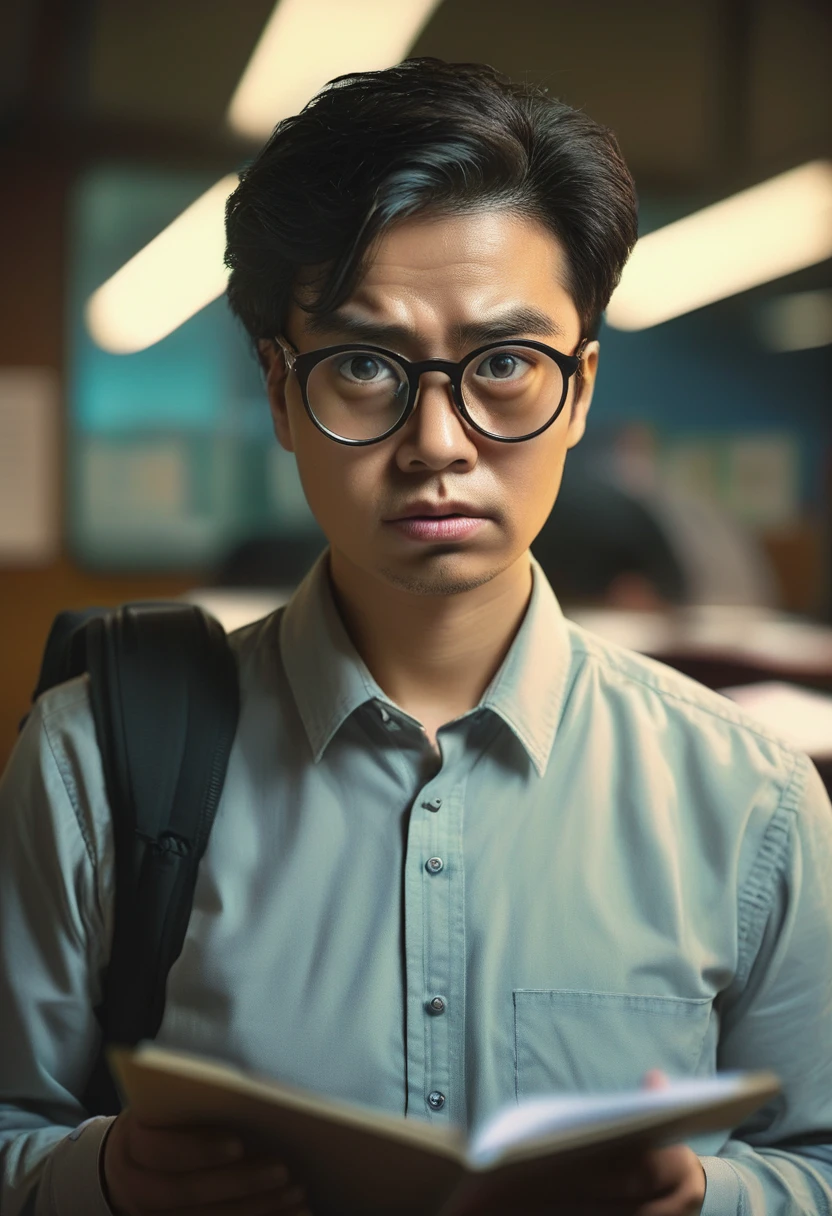 (Wearing Glasses, clear face), the reporter stands at the news scene, wearing half framed glasses, holding a recording pen and notebook. The eyes under the glasses are filled with a thirst for knowledge. The background is a dynamic news scene, full body, (Photography), panoramic view, award-winning, cinematic still, emotional, vignette, dynamic, vivid, (masterpiece, best quality, Professional, perfect composition, very aesthetic, absurdres, ultra-detailed, intricate details:1.3)