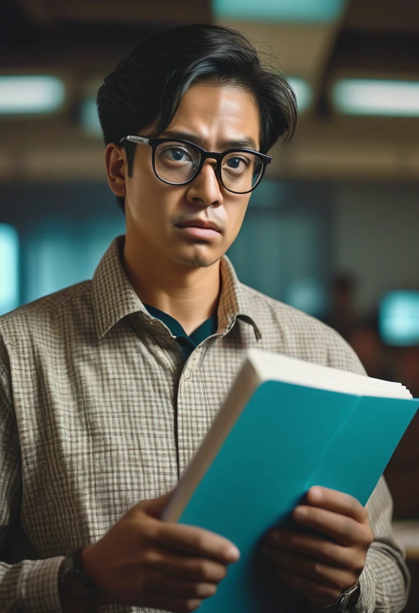 (Wearing Glasses, clear face), the reporter stands at the news scene, wearing half framed glasses, holding a recording pen and notebook. The eyes under the glasses are filled with a thirst for knowledge. The background is a dynamic news scene, full body, (Photography), panoramic view, award-winning, cinematic still, emotional, vignette, dynamic, vivid, (masterpiece, best quality, Professional, perfect composition, very aesthetic, absurdres, ultra-detailed, intricate details:1.3)