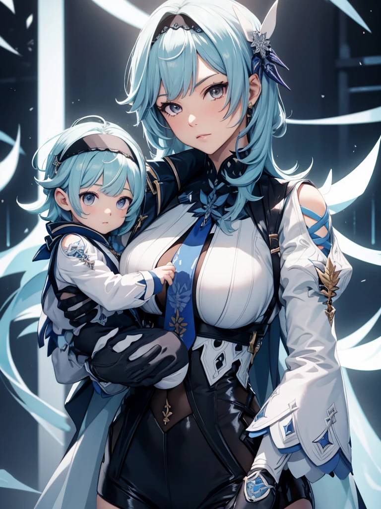 Eula from Genshin impact, 1woman, as a mother, holding a little baby boy, light blue colour hair, 8k, high detailed, high quality