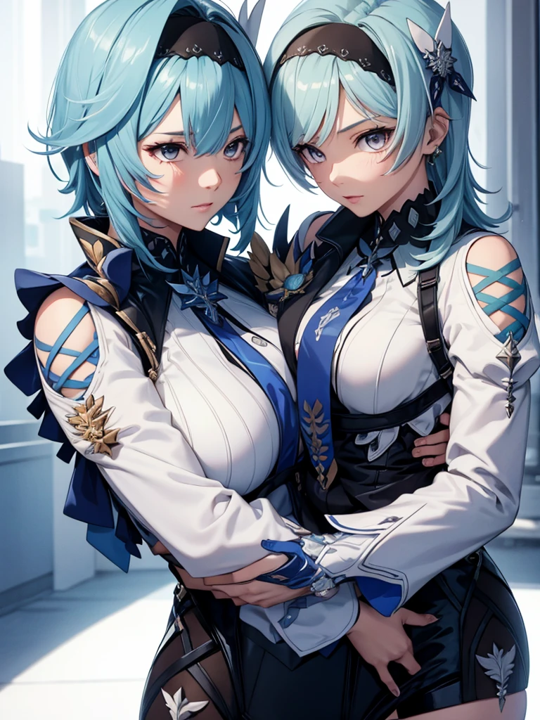 Eula from Genshin impact, 1woman, as a mother, holding a little baby boy, light blue colour hair, 8k, high detailed, high quality