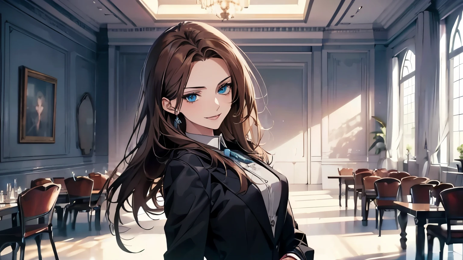 (Highest quality,High resolution,Very detailed),1 Girl, Beautiful and elegant light blue eyes, Brown Hair, Cold Smile,Straight long hair tied back, Wearing a black suit,secretary, Mature Woman, Age 25,Cruel smile, Calm and Calm, Slim figure,Small breasts, Pale complexion, thin, Calm, In the conference room.