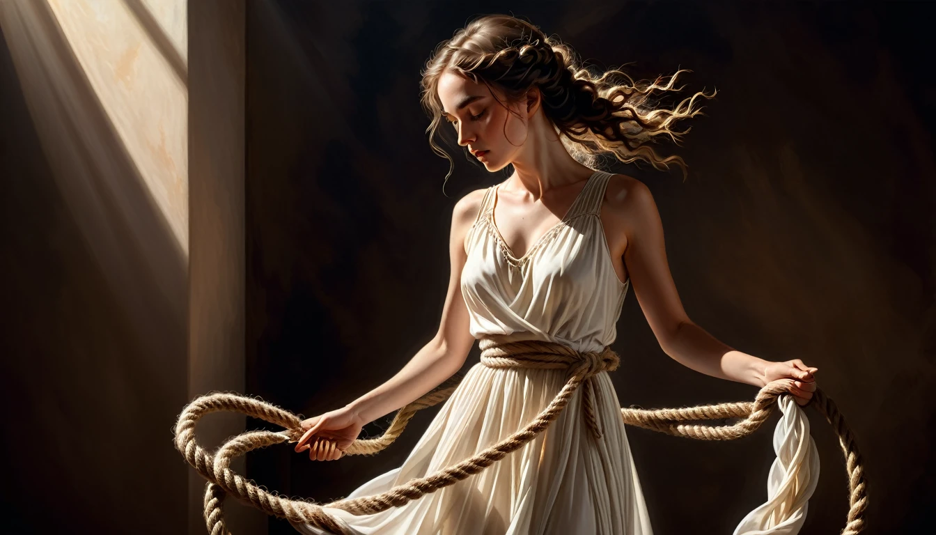 a woman in a flowing white dress holding a rope in her hand, delicately untying knots, detailed portrait, highly realistic, chiaroscuro lighting, dramatic shadows, warm color palette, classical religious painting style, intricate details, cinematic composition, photorealistic, 8k, best quality, masterpiece
