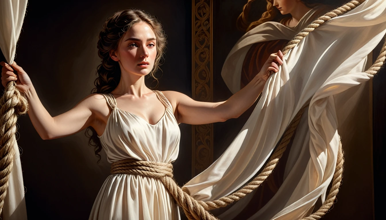 a woman in a flowing white dress holding a rope in her hand, delicately untying knots, detailed portrait, highly realistic, chiaroscuro lighting, dramatic shadows, warm color palette, classical religious painting style, intricate details, cinematic composition, photorealistic, 8k, best quality, masterpiece