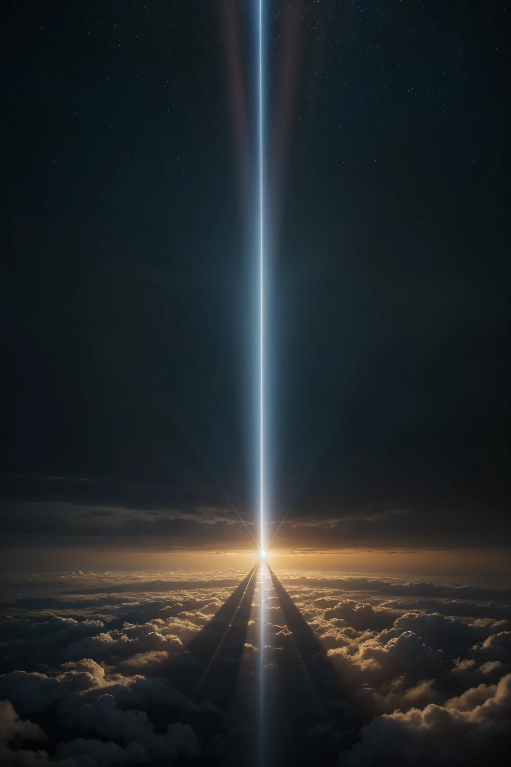 a ray of light that passes through dark clouds, the outline of light is a portal to the celestial realm where there is a huge tree in the sky  