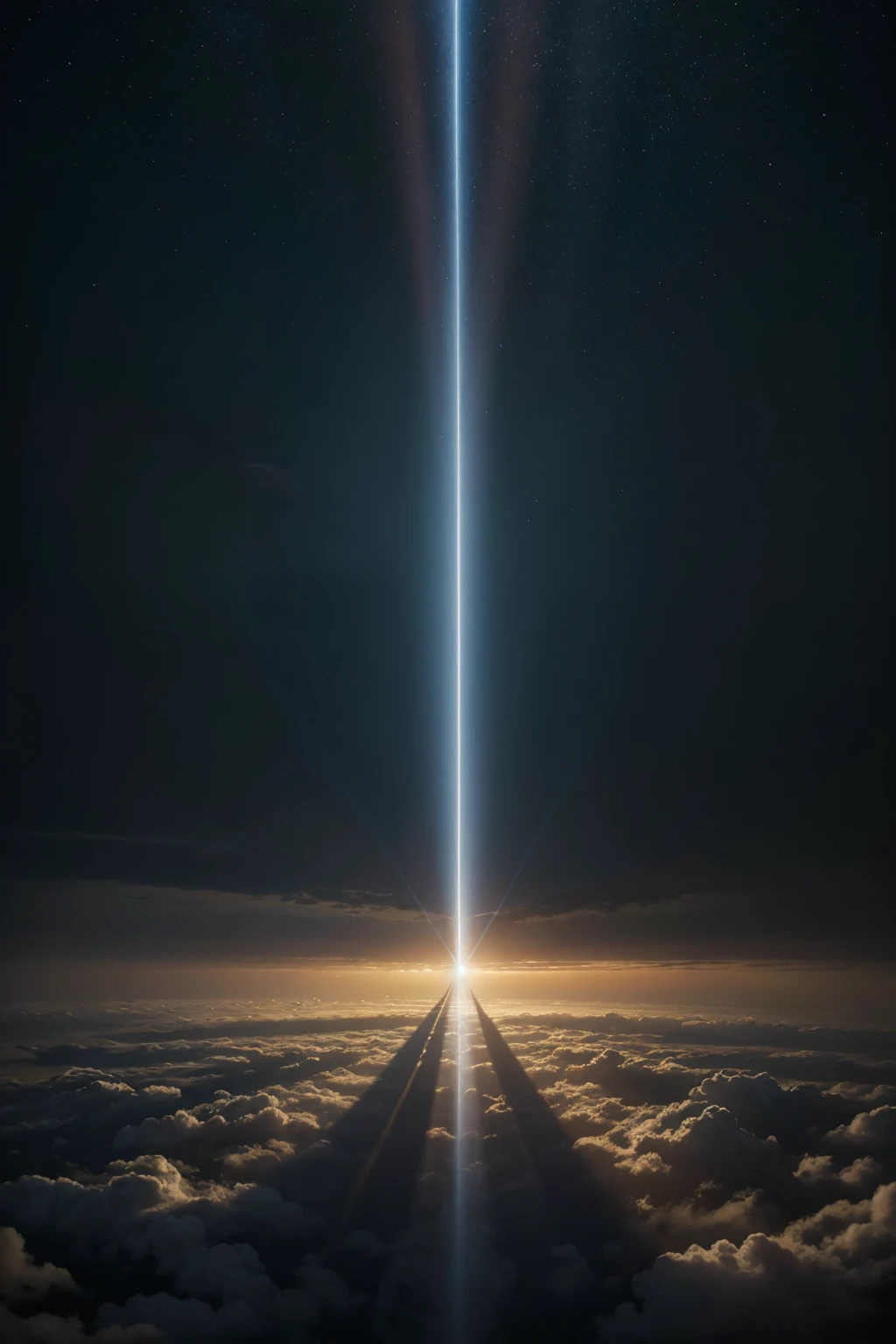 a ray of light that passes through dark clouds, the outline of light is a portal to the celestial realm where there is a huge tree in the sky