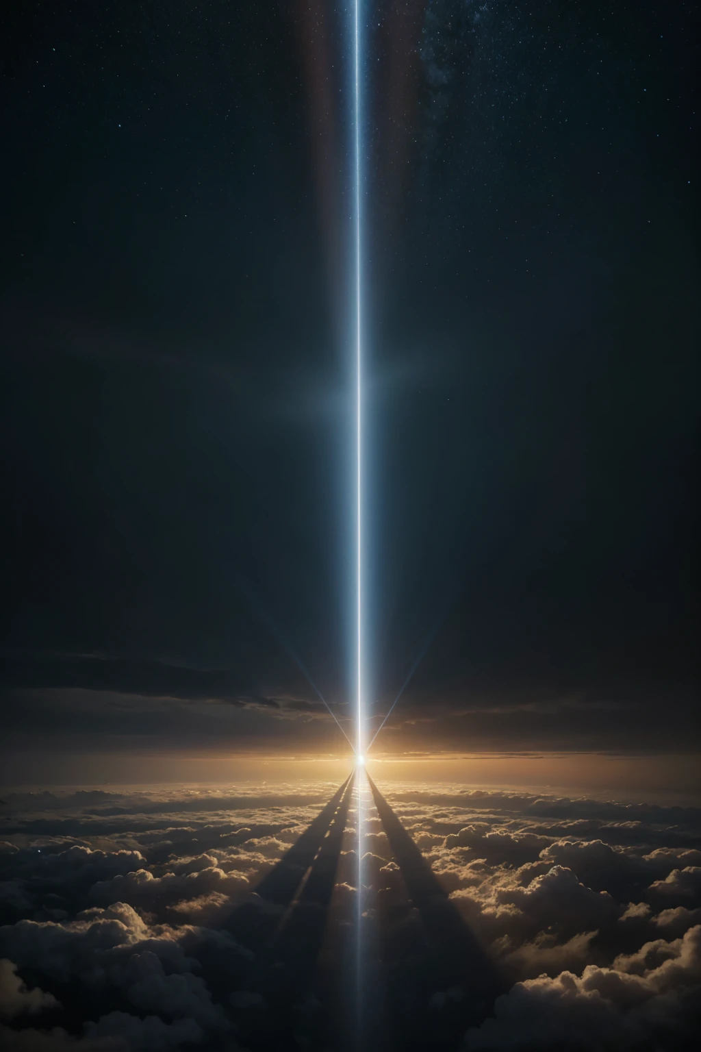 a ray of light that passes through dark clouds, the outline of light is a portal to the celestial realm where there is a huge tree in the sky