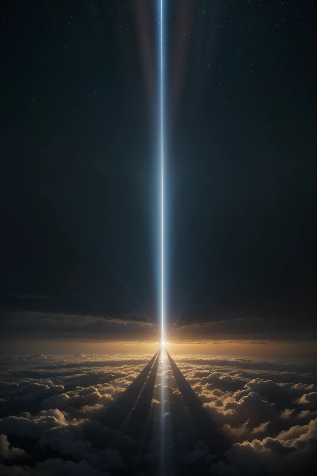 a ray of light that passes through dark clouds, the outline of light is a portal to the celestial realm where there is a huge tree in the sky