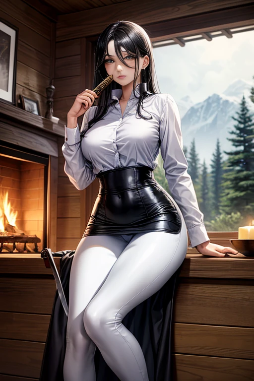 Masterpiece, high quality full length portrait of 1 woman (maduro)) YOUNG), Holding a katana, Long sleeve white buttoned shirt, shiny black leggings, beautiful thin face, detailed face, long hair, (black hair), BIG BREASTS, pale and light skin, detailed eyes, grey eyes, shy expression, set in a background inside a cabin with a fireplace, evening,