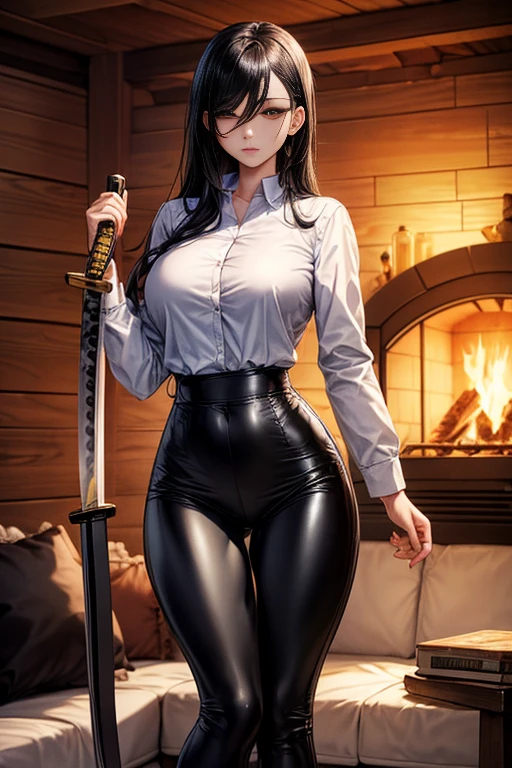 Masterpiece, high quality full length portrait of 1 woman (maduro)) YOUNG), Holding a katana, Long sleeve white buttoned shirt, shiny black leggings, beautiful thin face, detailed face, long hair, (black hair), BIG BREASTS, pale and light skin, detailed eyes, grey eyes, shy expression, set in a background inside a cabin with a fireplace, evening,