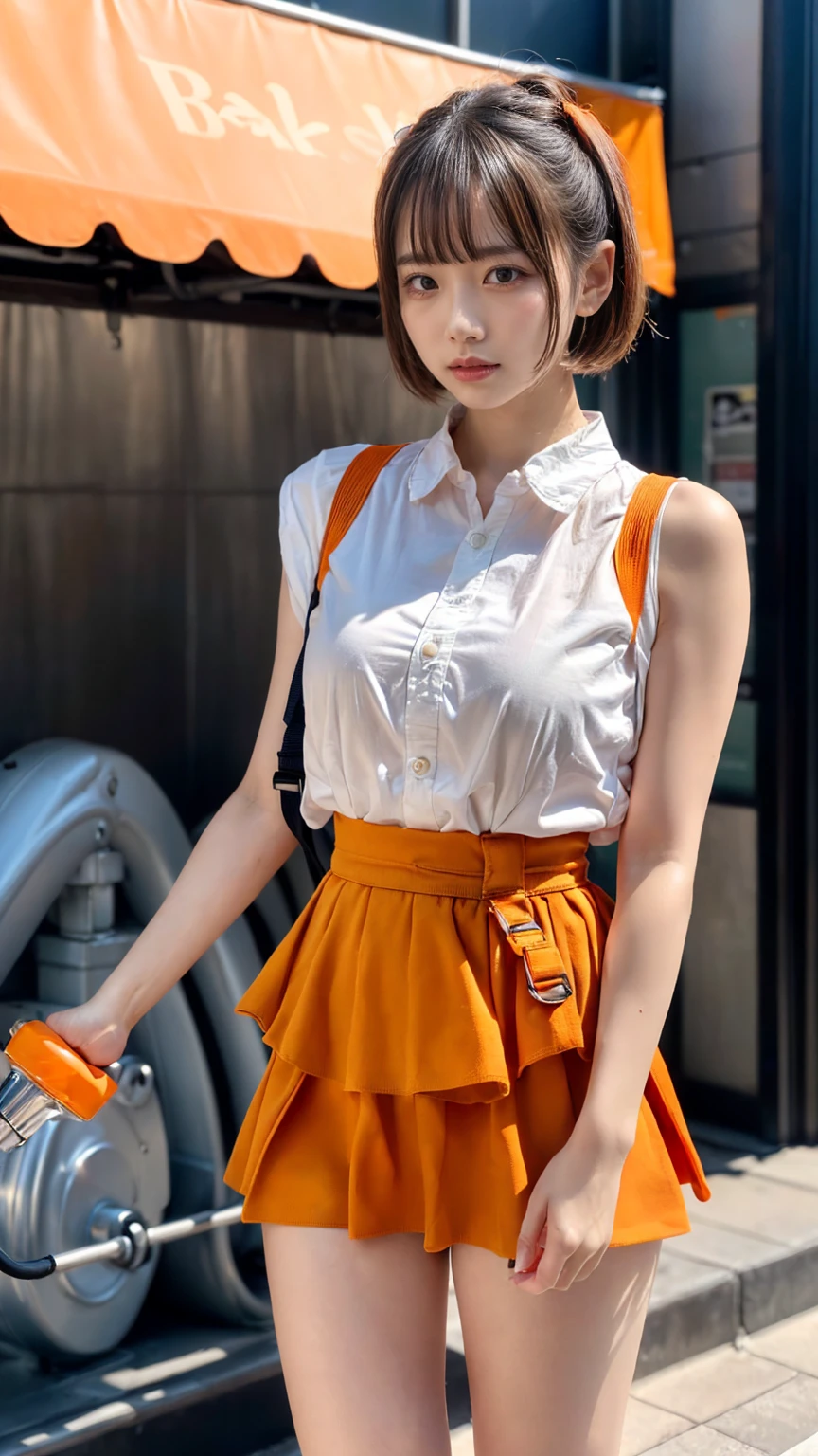 (8K, RAW Photos, Highest quality, masterpiece:1.2), (professional photography, full colors, studio-caliber color grading), (Gravure quality for high-end fashion magazines), BREAK,18 year old girl, short bob hair, crying a little, Harajuku style, Big Natural Color Lip, (Plumpy body:1.2), (smooth skin:1.1), (huge breasts:1.0), BREAK ((orange, tangerine) and white theme:1.4), (family restaurant waitress uniform:1.2), (wearing an (orange high waist jumper skirt, orange layered waist apron with orange shoulder straps) over a (white blouse with white buttons):1.4), (emphasize under boobs:1.5 (fusion of bouffant sleeve and short sleeve:1.3 (button up:1.2 (wearing a orange shoulder straps over a white blouse:1.2 ((bare arms, bare legs):1.2 (pumps:1.1