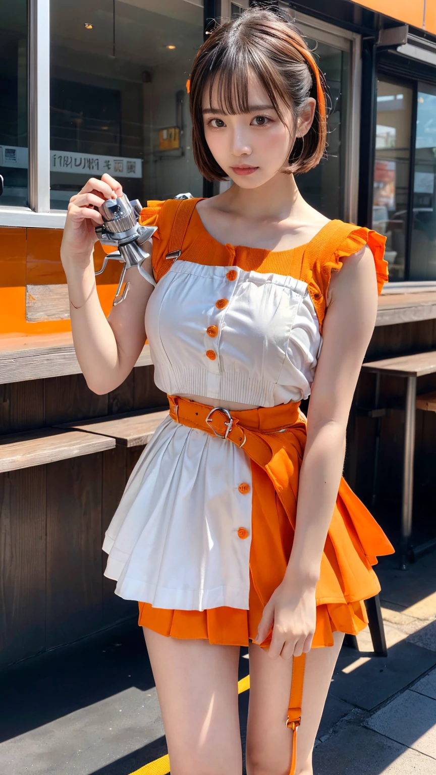 (8K, RAW Photos, Highest quality, masterpiece:1.2), (professional photography, full colors, studio-caliber color grading), (Gravure quality for high-end fashion magazines),  BREAK,18 year old girl, short bob hair, crying a little, Harajuku style, Big Natural Color Lip, (Plumpy body:1.2), (smooth skin:1.1), (huge breasts:1.0),  BREAK ((orange, tangerine) and white theme:1.4), (family restaurant waitress uniform:1.2), (wearing an (orange high waist jumper skirt, orange layered waist apron with orange shoulder straps) over a (white blouse with white buttons):1.4), (emphasize under boobs:1.5 (fusion of bouffant sleeve and short sleeve:1.3 (button up:1.2 (wearing a orange shoulder straps over a white blouse:1.2 ((bare arms, bare legs):1.2 (pumps:1.1