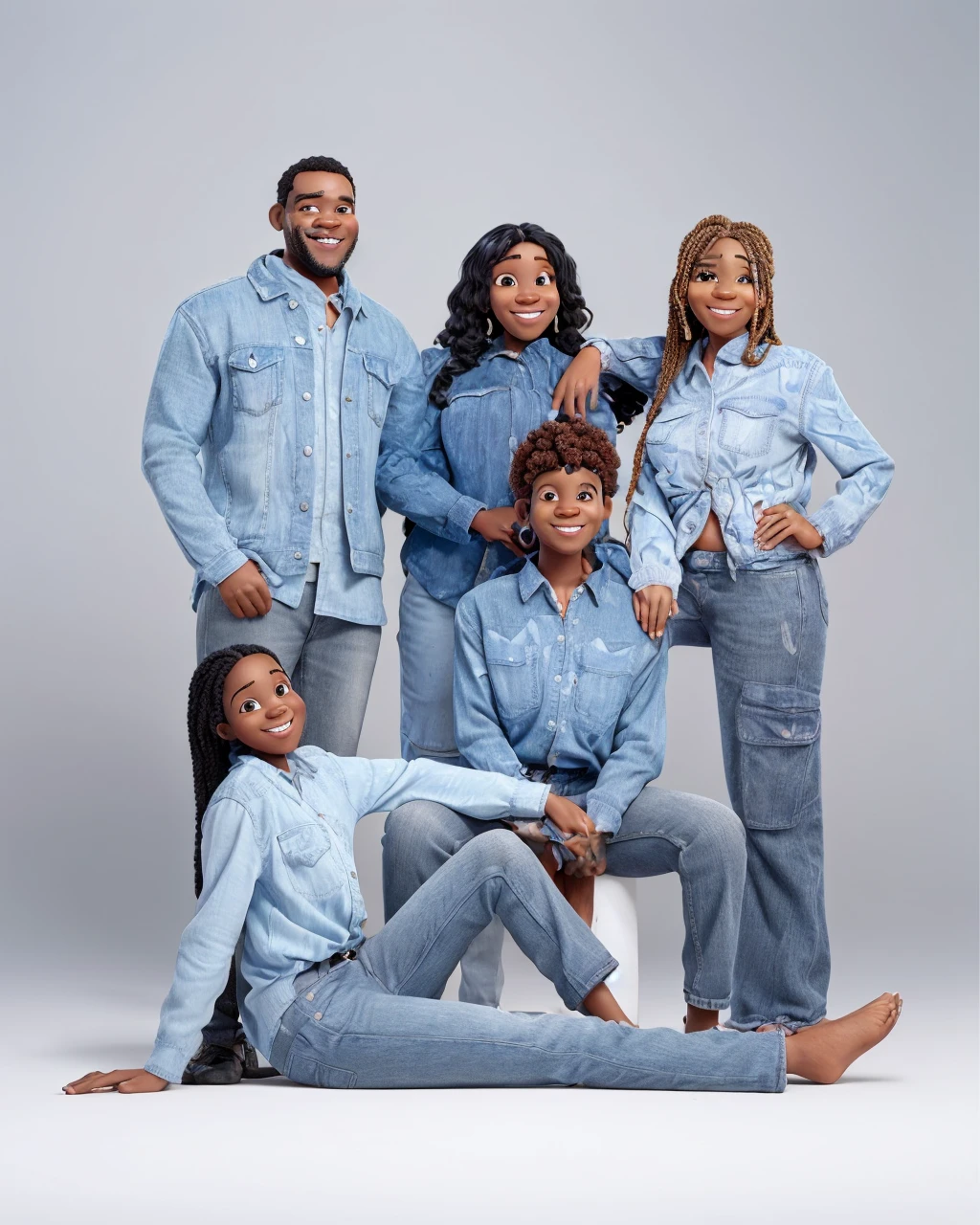 a beautiful pixar style cartoon of a happy black family, a smiling mother and father with two children, detailed facial features, warm lighting, vibrant colors, 3d render, highly detailed, photorealistic, masterpiece