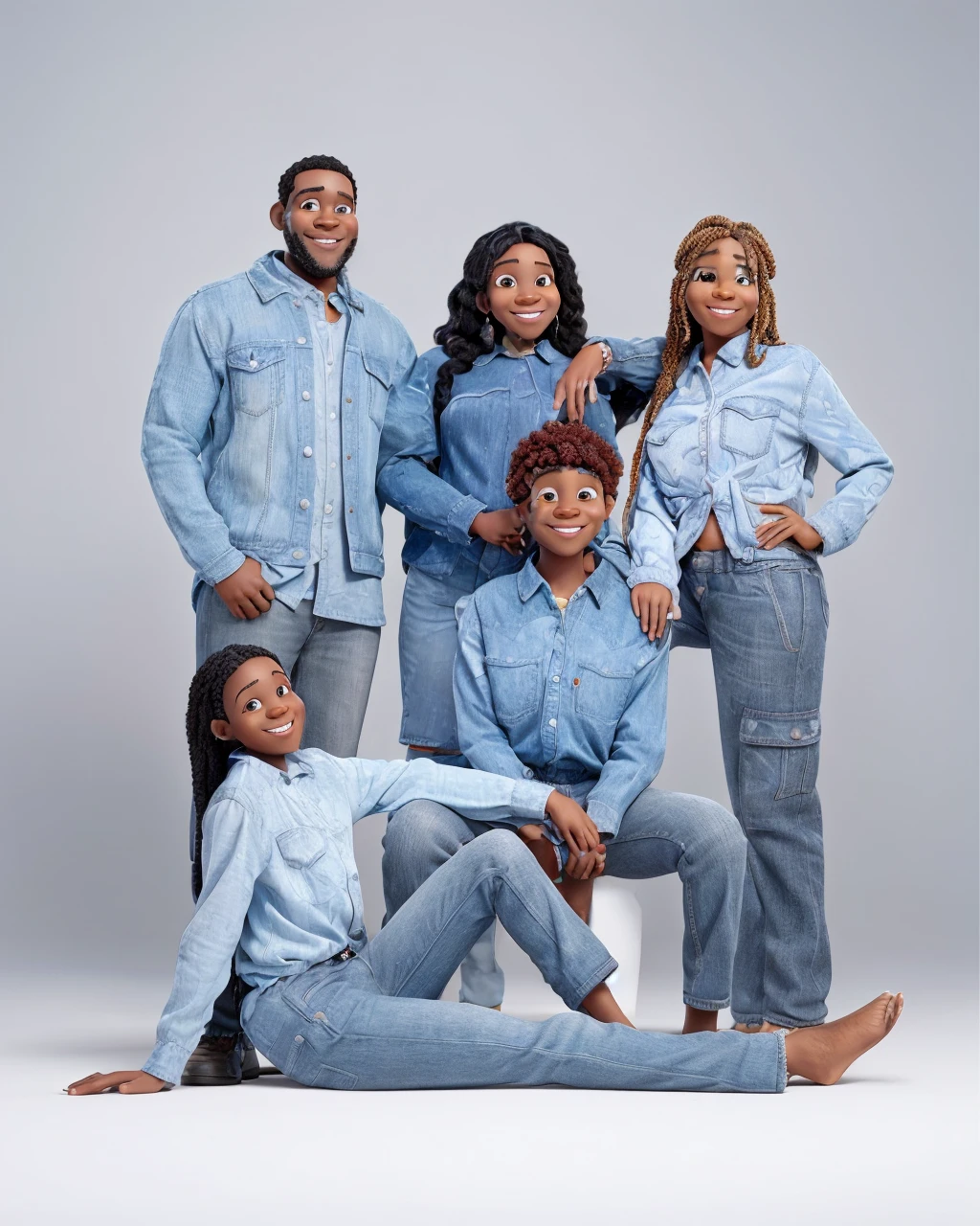 a beautiful pixar style cartoon of a happy black family, a smiling mother and father with two children, detailed facial features, warm lighting, vibrant colors, 3d render, highly detailed, photorealistic, masterpiece