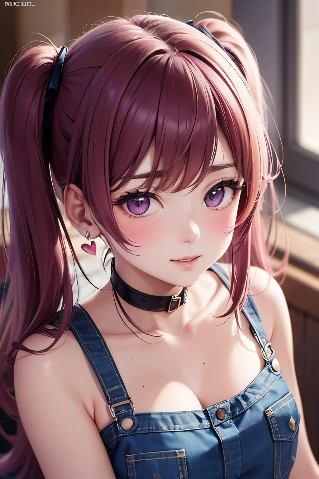 masterpiece, best quality, highly detailed, high resolution, expensive resolution, high resolution, 4k, 8k, uniform 8k wallpaper, highly detailed CG, masterpiece, 2d, 3d, beautiful details, depth, fine texture, best quality: 1.3, perfectly focused, crispy. skin, him, very cute anime girl, name is Mei, short twintails, idol, tank top, denim mini skirt, pink short twintails wearing expensive, mole under eye, looking at the viewer, expensive, blush, mole, parted lips, pink eyes, heart shaped choker, smiling face