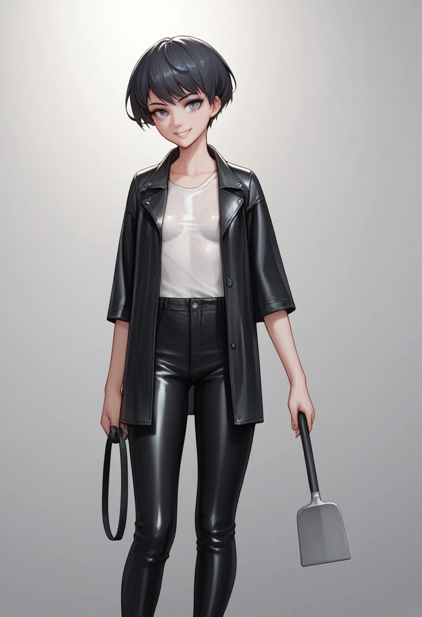 ((very tall girl)), 1 girl, full height, black very short hair, small breasts, in a long ((((black)))) leather raincoat, raincoat unbuttoned, small breasts, gray eyes, smiling, T-shirt and pants under the raincoat, holding a long shovel in his hand, 1 girl in the frame, black raincoat, 1 shovel, gloomy background