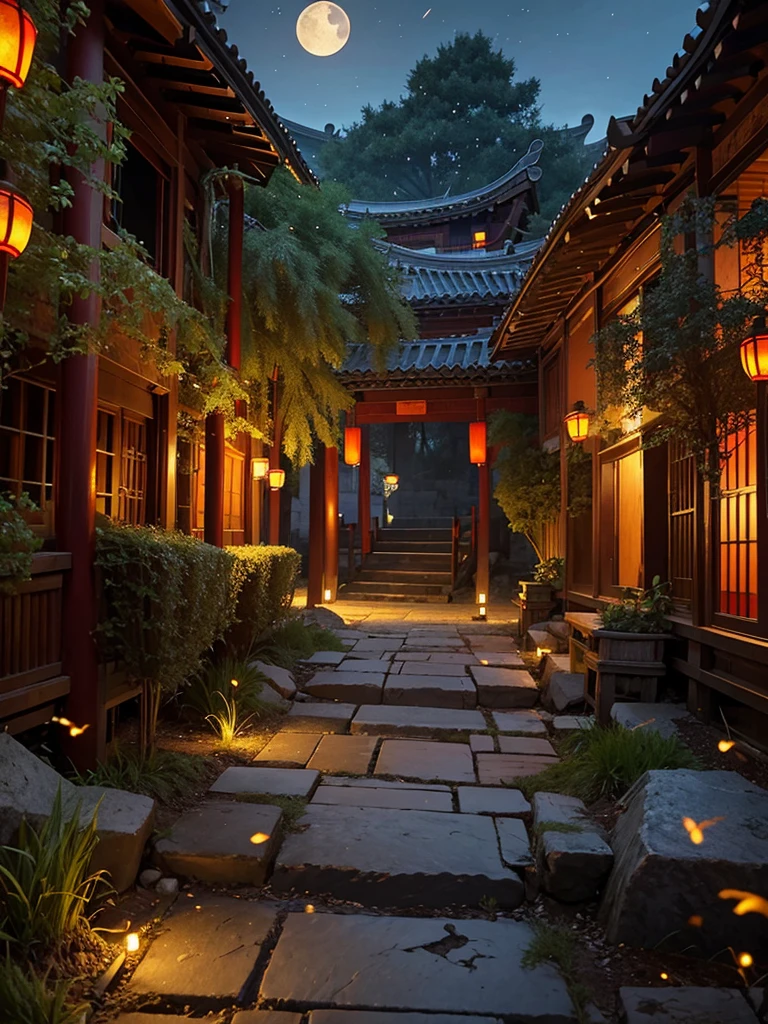Official Art, Ancient China, Ancient Streets, (Lots of Fireflies), (Night), (Moon), Lights, Beautiful Landscapes, Epic Landscapes, Realistic Lights, Masterpiece, High Quality, Beautiful Graphics, High Detail , Global Illumination, Unreal Engine Rendering, Octane Rendering, (HDR: 1.3)
