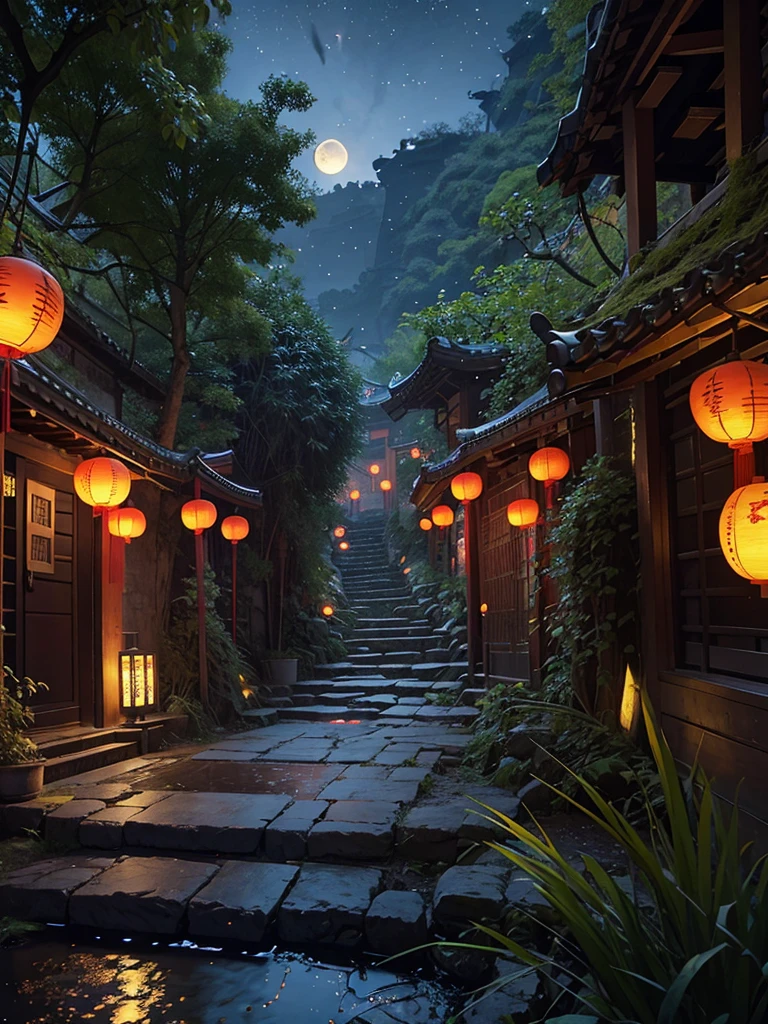 Official Art, Ancient China, Ancient Streets, (Lots of Fireflies), (Night), (Moon), Lights, Beautiful Landscapes, Epic Landscapes, Realistic Lights, Masterpiece, High Quality, Beautiful Graphics, High Detail , Global Illumination, Unreal Engine Rendering, Octane Rendering, (HDR: 1.3)