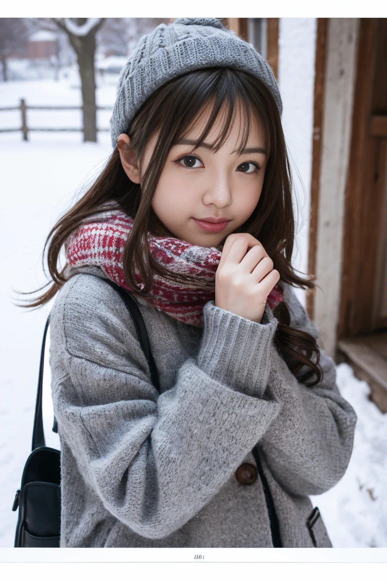 (RAW Photos) Winters，Snow Scene，Cute girl&#39;s shoulder length sweater，Wearing a short black skirt，Pantyhose under the skirt, White underwear, Random Color，Long sweater，Depth of written boundary，Real Light，Ray Tracing，OC Renderer，UE5 Renderer，Surreal，Highest quality，8K，Masterpieces，Ultra-fine，More about pubic hair，Correct Anatomy. Snow Background。 I am proud