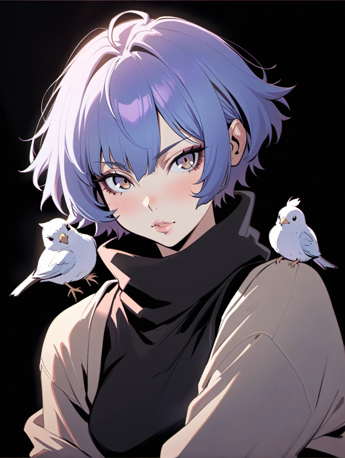{{{sincos (sincos), Kuvshinov ilya (Kuvshinov ilya), no human}}}, 1 girl, 1 bird, short hair, purple and blue hair, lips slightly parted, looking at viewer, beautiful face, bird sitting on shoulder, blank background, white background.