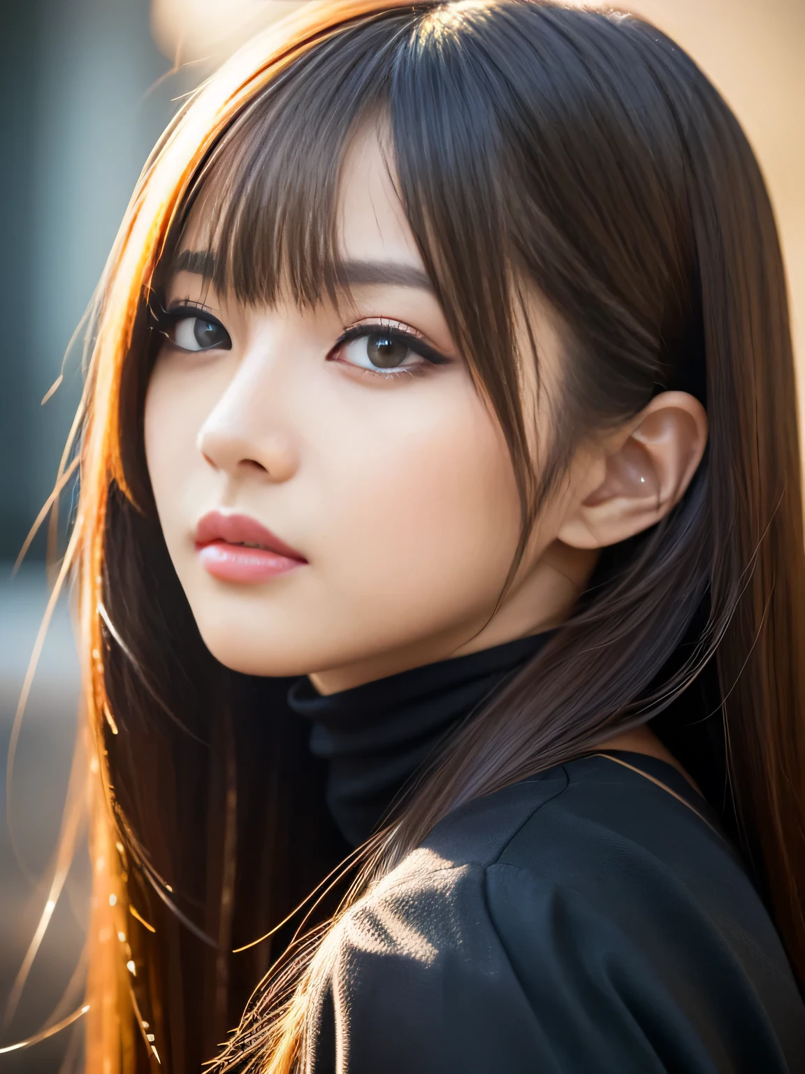 masterpiece, best quality, ultra-detailed, intricately detailed hyperdetailed, realistic, sharp features, highly detailed, sharp focus, Japanese idol, perfect face, perfect symmetrically perfect eyes, perfect full lips, flexible female form, cinematic, neon light, Shadow, hyper detailed, hyper realistic, high resolution, vibrant, dynamic lighting, background, (long hair, straight Bangs), brown Eyes, black blouse, Portraiture,