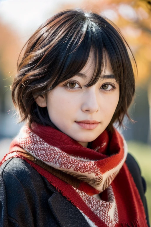Mikasa, 19 year young girl , Best quality, High resolution, Short bob hair, Beautiful, Black eyes, see viewer, brown sweater, wearing red scarf , Highest quality, high resolution