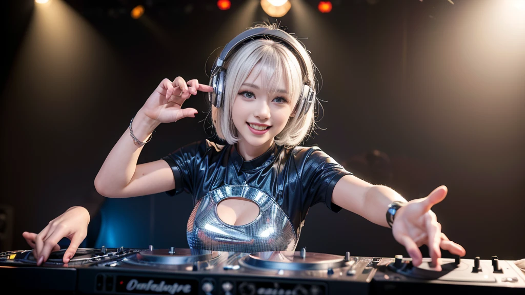 (ultra - detailed, 16K resolution, Cinema lenses, rendering by octane), (high resolution:1.18), intricate detail, (masterpiece:1.1), (highest quality:1.1), (1girl, portrait, white hair, blue eyes, short hair, detailed eyes),Wearing silver DJ headphones, Shiny silver sequined T-shirt, (Iconic hip-hop pop costumes:1.3), Smile while DJing on stage, full body shot of, The spotlight shines on the female DJ. Photorealistic photography by Disco Lighting, (cute round face:1.3), perfect fingers, five fingers, beautiful hands, perfect hands. master peace, cute smile.