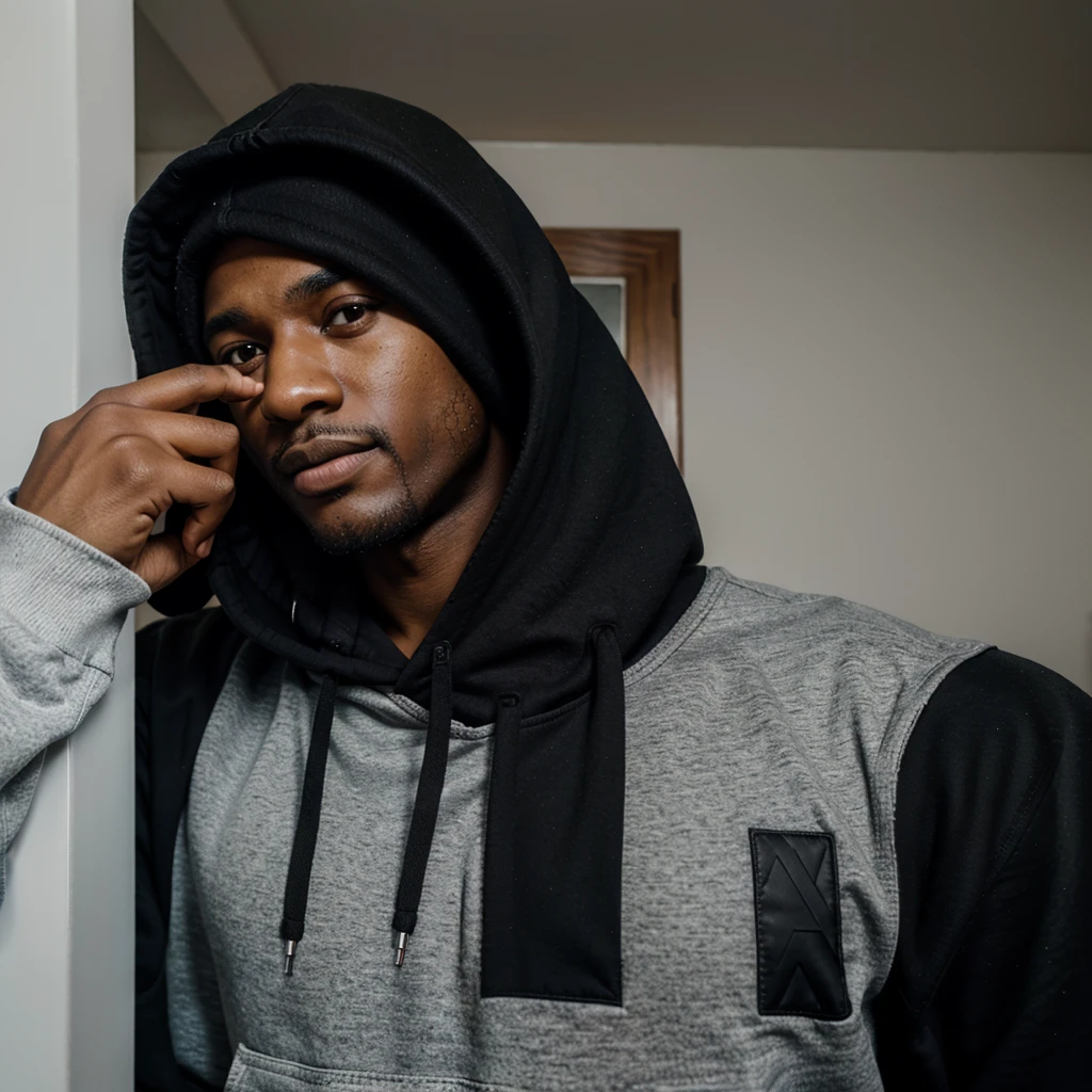 Black man holding bloody knkgr apartment wearing a black hoodie hoodie
