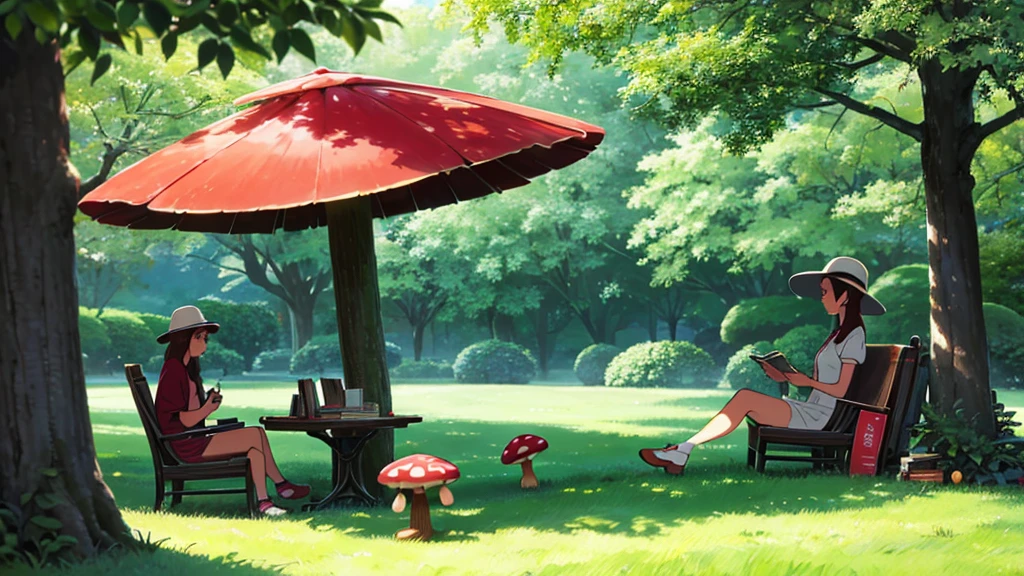 Under the shade of a tree in the park, one in a red and white mushroom hat reads an old book with yellowed pages. Your headphones connect to a vintage music player on your lap, while the light filtering through the leaves creates a serene and nostalgic scene around you.