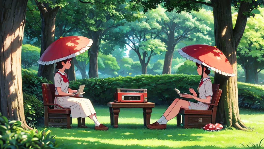 Under the shade of a tree in the park, one in a red and white mushroom hat reads an old book with yellowed pages. Your headphones connect to a vintage music player on your lap, while the light filtering through the leaves creates a serene and nostalgic scene around you.