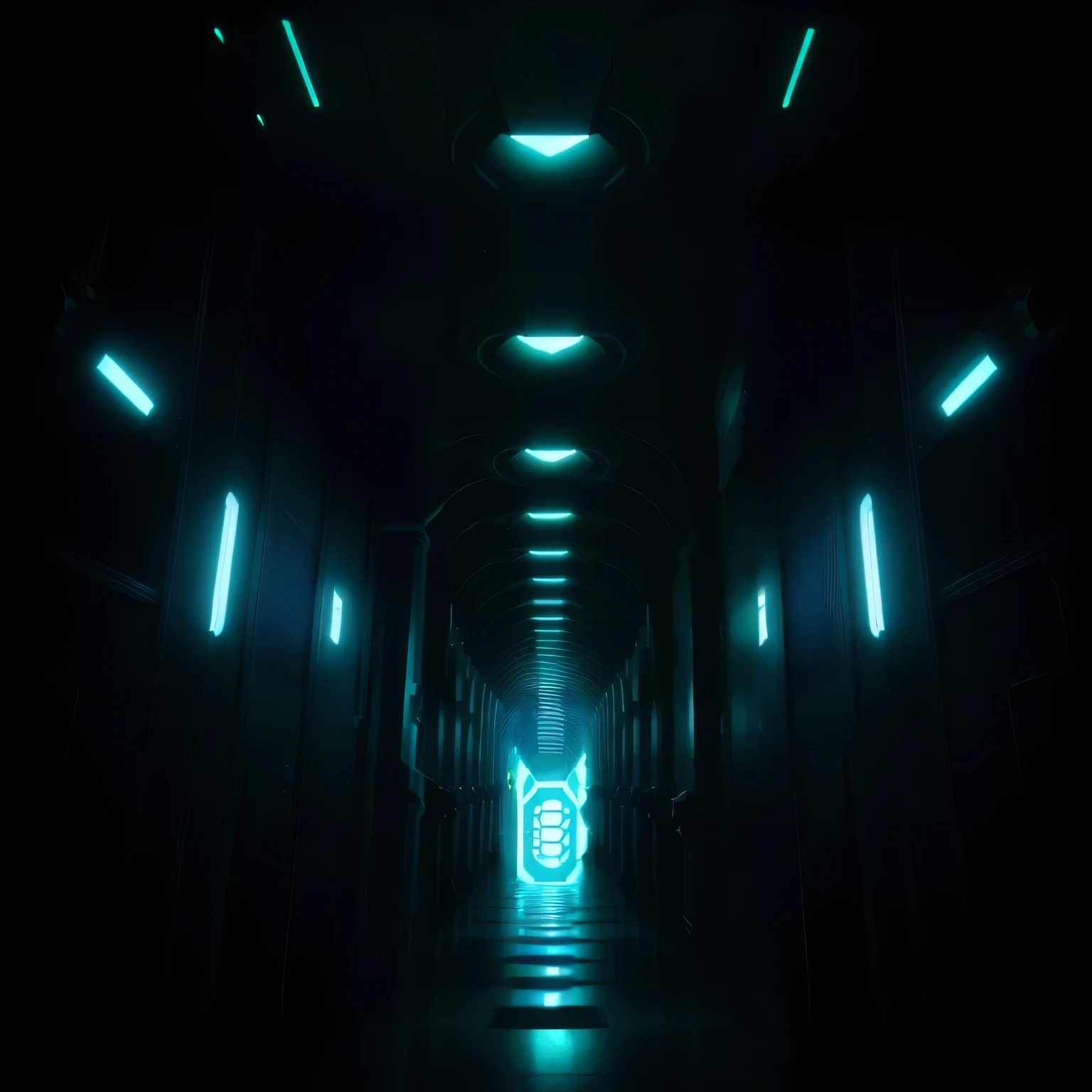 haunted spaceship hallway symmetrical infinity, unreal engine. retro horror movie still, infinite hallway, biomechanic, spaceship interior infinite loop hallway, Matrix, Not chracter, no people, Giger, biomechanic, Surreal, lovecraftian, movi Matrix, dark horror wide angle. biomechanic and cables