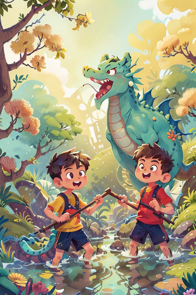 Poster design, (SFW), two rowing boys, Chinese dragon, spring outing, happy, background is a small river interspersed in Chinese street, perfect quality, clear focus, colorful, perfect face, intricate details, ultra-low viewing angle, wide angle lens