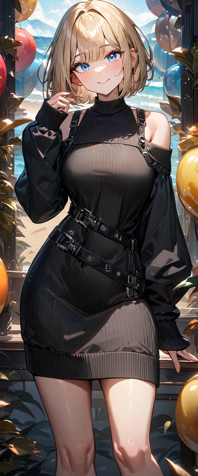 (((One girl))), ((beach)), noon, blond hair, ((sunglasses)), hand to sunglasses, ((off-shoulder knit sweater dress:1.3, Quite thick shoulder straps)), ((bob cut:1.3)), breasts, from front, (cowboy shot), standard body, (looking at viewer), (((Balloon sleeve, sleeves past wrists:1.3))), ((black sweater)), teenager, head tilt:1.3, (((blue eye))), ((happy smile)), anime style, (best quality, 4k, 8k, highres, masterpiece:1.2, ultra-detailed, ultra-detailed eyes, HDR, UHD, studio lighting, ultra-fine painting, sharp focus, physically-based rendering, extreme detail description, professional, vivid colors, bokeh), ((Highest quality, Best image quality, Ultra-high resolution, Ultra-high resolution, solo, Strong eye highlights)), Depth of written boundary, Natural soft light, attractive, Beautiful Face, Cleanliness, Pure Face, nedium chest, Beautiful Face, Perfect Fingers, Perfect hands, Perfect body, Perfect Face, Shine a light into your eyes, Perfect Anatomy