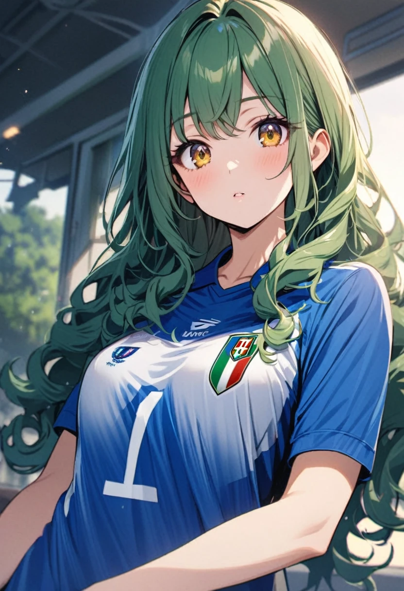 girl, beautiful, curly hair, long hair, yellow eyes, green hair, soccer shirt, italy soccer shirt, blue shirt