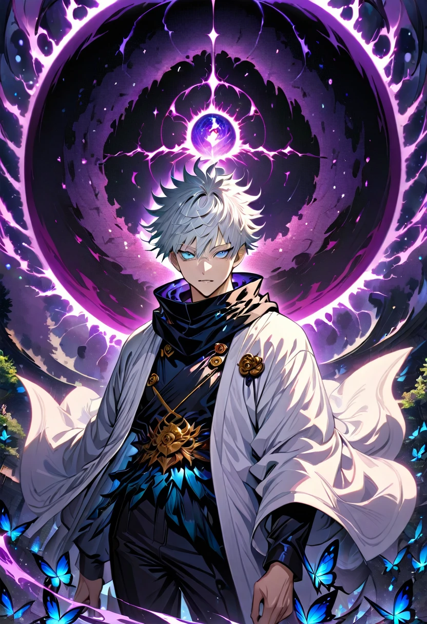 absurdres, highres, ultra detailed, HDR, master piece, best quality, Gojo Satoru, white hair, with bangs, hair between the eyes, expressive blue eyes, white eyelashes, Jujutsu Kaisen, solo, sexy man, handsome, white haori, black tight shirt, black scarf, fantasy, magical, sparkling, shining, purple lightning, floating round lights, starry sky, void, purple butterlies, purple moon