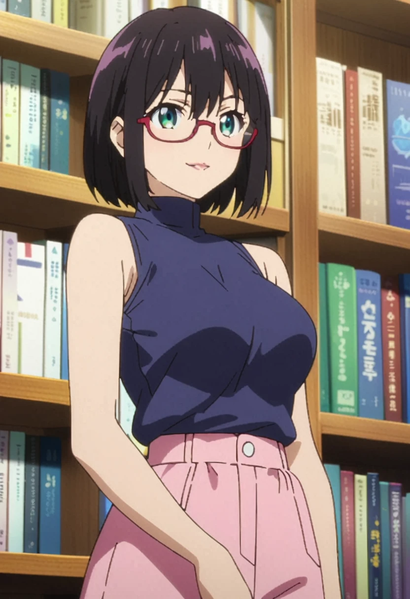 (A 27 year old anime girl in blue purple casual high neck sleeveless t-shirt standing in front of a bookshelf:1.3), Alone, female anime character, anime visual of a young woman, bob haircut, red painted lips, thick lips, black hair, wearing glasses, big breast, Green eyes, smiling, anime screencap, cowboy full shot, (masterpiece:1.1), (best quality:1.1), (super detailed:1.1)