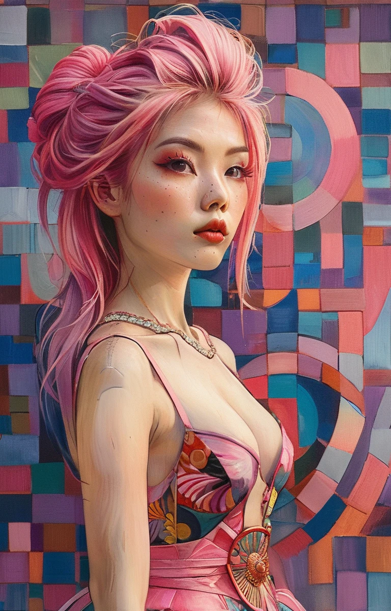 Geisha dancing with pink pastel hair