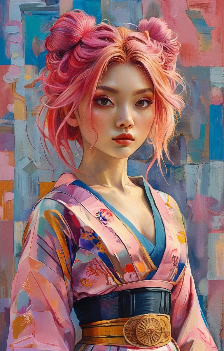 Geisha dancing with pink pastel hair