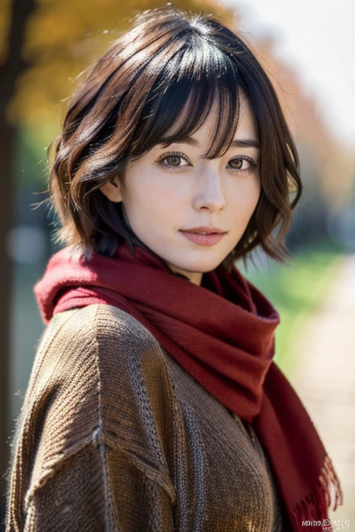 Mikasa, 19 year young girl , Best quality, High resolution, Short bob hair, Beautiful, Black eyes, see viewer, brown sweater, wearing red scarf , Highest quality, high resolution