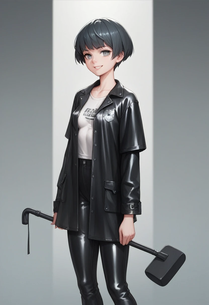 ((very tall girl)), 1 girl, full height, black very short hair, small breasts, in a long ((((black)))) leather raincoat, raincoat unbuttoned, small breasts, gray eyes, smiling, T-shirt and pants under the raincoat, holding a long shovel in his hand, 1 girl in the frame, black raincoat, 1 shovel, gloomy background